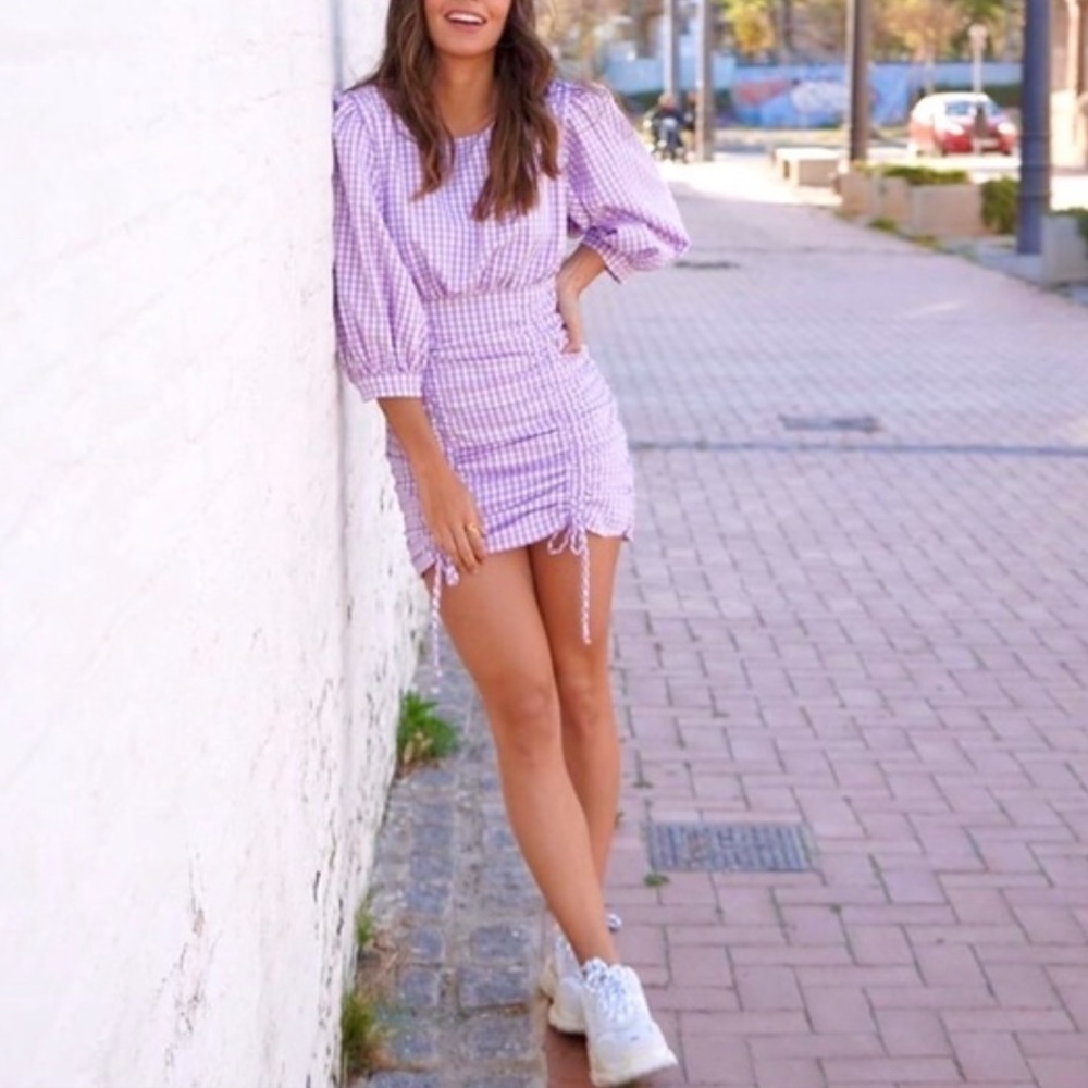 ZARA Blogger Lilac Gingham Ruched Mini Dress